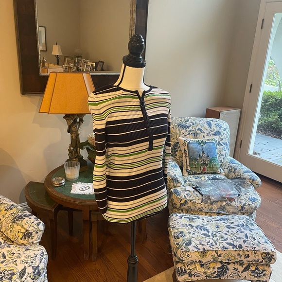 Tory Burch Navy, Green& White striped ribbed 1/4 Zip Top with 3/4 Sleeves Medium - Picture 3 of 8